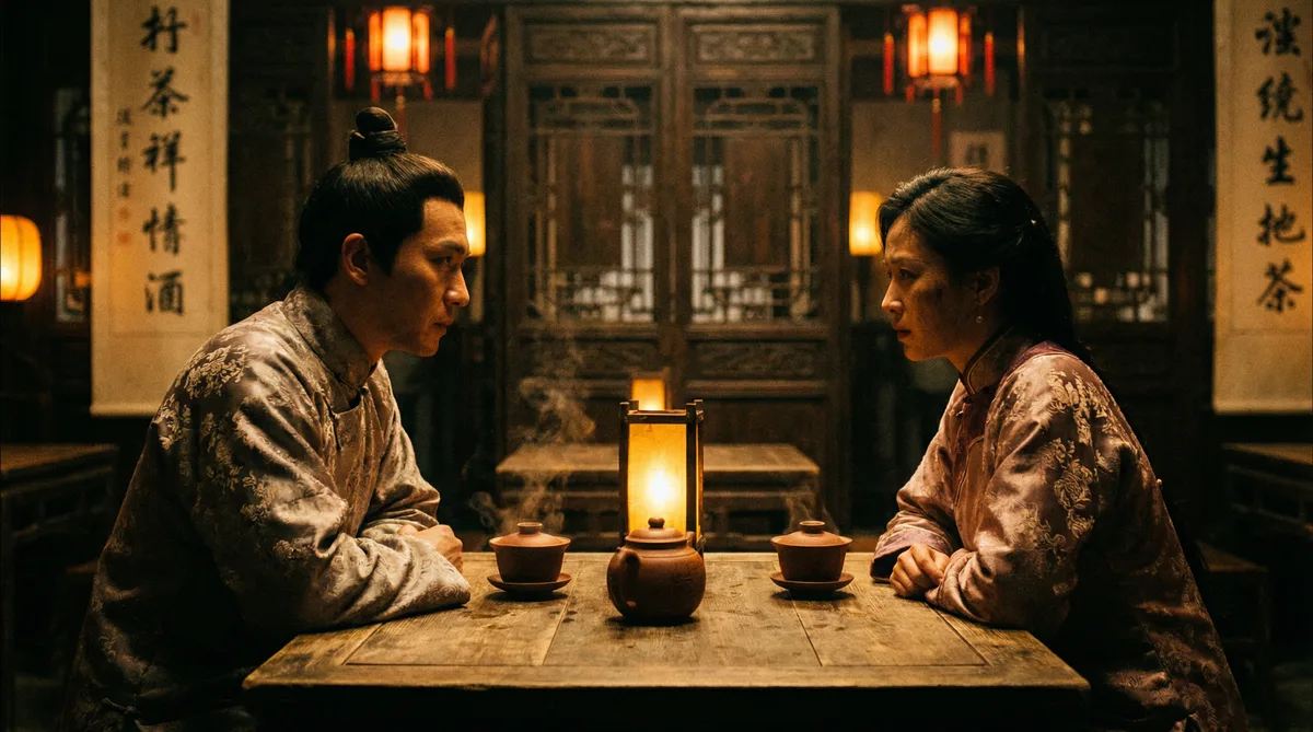 四虎视频古装剧情片拍摄剧照-茶馆对话场景